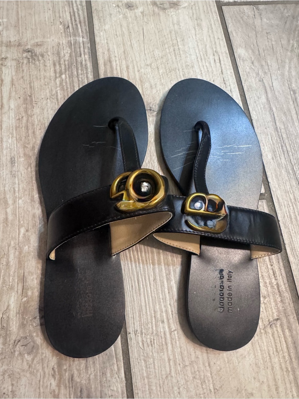 Black Leather Slide Sandals with Gold  Accent